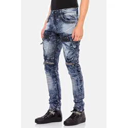 Bikerjeans CIPO & BAXX "Jeans", Herren, Gr. 30, Länge 34, blau, 98% Baumwolle;2% Elasthan, unifarben, casual, regular fit lang, Jeans, Mit Ripp-Details, CD494