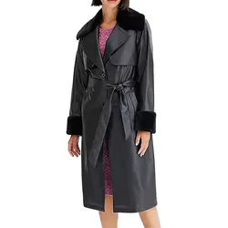 nachhaltiger Damen Lederimitat-Mantel mit Kunstfell Kragen Kunstleder-Jacke Frühlings-Mantel 959571 Schwarz - 44
