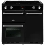 Belling Farmhouse 90 Ei Range Cooker, 90cm breit, 3 Backöfen, Induktionskochfeld mit 1 Warmhaltezone, TouchControl, schwarz