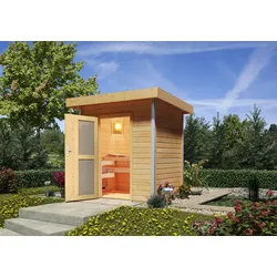 Saunahaus KARIBU "Jorgen", beige (naturbelassen), Saunaofen, externe Steuerung, 9 kW, Saunen, mit Milchglastür