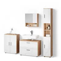 Livinity® Badmöbel-Set, Weiß Hochglanz, Eiche Wotan, Holzwerkstoff, 14 Fächer,