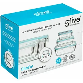 5five simply smart Frischhaltedosen-Set Clipeat S 3-tlg., Glas, Kunststoff, Blau, 169281