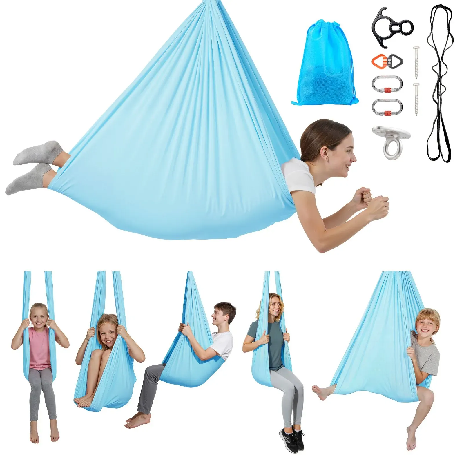 VEVOR Aerial Yoga Hängematte, max. Tragkraft 136,07 kg, Yoga-Schaukel mit Nylongewebe & Daisy Rope & PE-Reißverschlusstasche, Gymnastikschaukeln Doppelfunktion Anti-Gravity-Übungen Blau