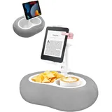 Tablet Kissenhalter für Bett & Sofa, 360°Verstellbarer Tablet Ständer für iPad, Kindle & Tablets von 5–12.9 Zoll, Tablet Halterung mit Snackfach und Getränkehalter für Lesen, Filme & Entspannung, Grau