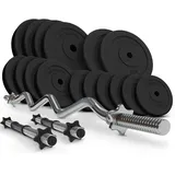 Physionics® Hantelstangen mit Gewichten - 36/56/76 kg Set, SZ Curl Bar (120cm, 30 mm, bis 500 kg), 2 Kurzhanteln - Hantelset, Hantelscheiben, Langhantelstange, Hanteln (Kurzhanteln + Curlstange 76KG)