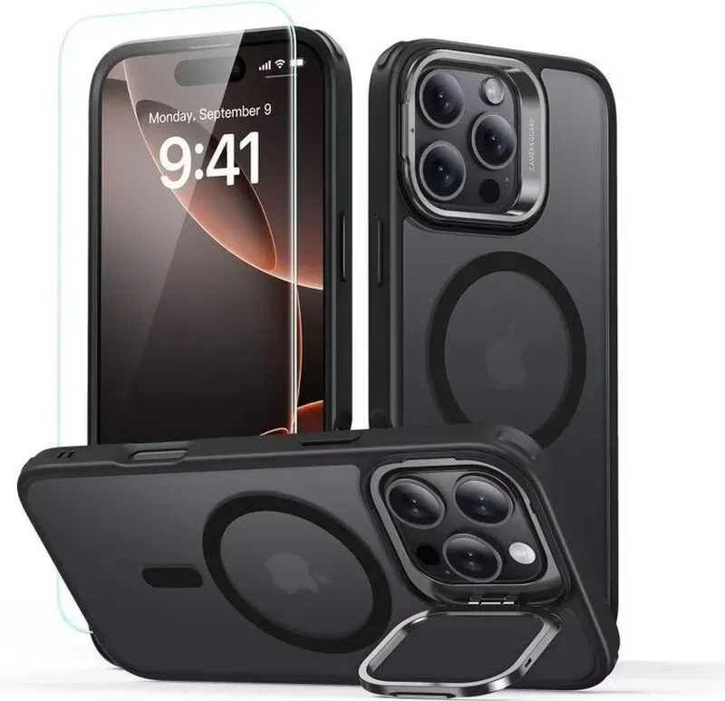 ESR Classic Hybrid Kickstand Halolock MagSafe Case Set + Panzerglas für iPhone 16 Pro - Schwarz