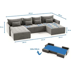 Sofnet Wohnlandschaft Leno U mit Schlaffunktion - U-Form Couch, Ecksofa mit Bettkasten, Couchgranitur mit Bettfunktion, Schlafsofa, Big Sofa - Velours Sto... - Dunkelgrau