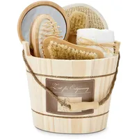 Römer Wellness Geschenkset: Sauna Holzzuber, 5-teilig inkl. Spiegel, Handtuch, Massagehandschuh und Gesichtsbürste; Verpackt im rustikalen Holzeimer; Maße: ca. 17 x 17 x 22 cm