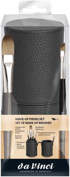 Da Vinci Joy Make-Up Pinselset = Pinselbox + Foundationpinsel + Eyeliner + Applikator + Augenbrauenpinsel - 5 Artikel im Set