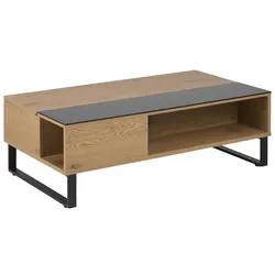 Allan Couchtisch mit Hebe/Senkefunktion und Aufbewahrung in Eiche Furnier und schwarzen Glas.