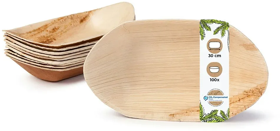 BIOZOYG 100 Stück Einwegschale 30cm Palmblattschale Schiffchenform Einweggeschirr Palmblatt Boot biologisch abbaubar biologisch kompostierbar