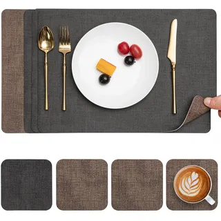 Myir JUN Tischsets Abwaschbar Leder und Untersetzer, Doppelseitigen Platzset 4er Set rutschfest Platzdeckchen Leder Kunstleder Tischset (Grau Braun, 4er Set)