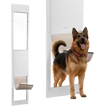 Vevor Hundetür Haustiertür für Glasschiebetür, 2311–2439 mm höhenverstellbar, Rahmen aus Aluminiumlegierung mit drehbaren Metallscharnieren & Schlossdesign, 346 x 600 mm Vorhangmaße, Weiß