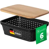 Novaliv 6er Set Aufbewahrungsboxen mit Holzdeckel Mini 1L Korb Schwarz in Rattan Design Lebensmittelecht Aufbewahrungskorb Stapelboxen Nestbar Kuns...