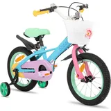 HILAND Macaron 14 Zoll Kinderfahrrad für Mädchen & Jungen ab 3 4 5 6 7 Jahren, mit Korb & Stützrädern, Blau - Blau