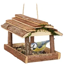 Relaxdays Vogelfutterhaus Holz, mit Rinde und Moos, zum Hängen, Hbt: 19x21x23 cm, Futterspender Kleinvögel, Natur