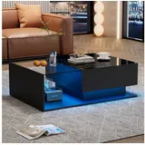 HAUSS SPOLE Couchtisch Hochglanz mit Glasplatte und Schubladen, LED-Beleuchtung, schwarz (mit 1 Schublade,100x50x32cm), mit Glasplatte und Schubladen, kratzfest schwarz Rechteck | 100 cm x 32 cm x 50 cm