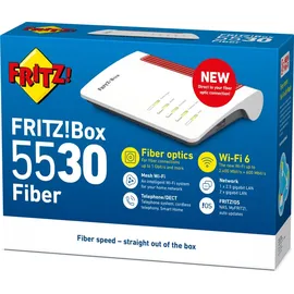 AVM Fritz!Box 5530 Fiber Edition International | Mesh Master | Wi-Fi 6 | 2400 Mbit/s (5 GHz) + 600 Mbit/s (2,4 GHz) | 2,5 Gigabit LAN | 4X gigabit-LAN | 2X USB 3.0 | AON + GPON