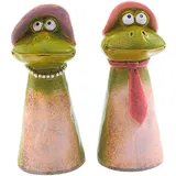 Dekohelden24 2er Set Keramik Zaunstecker, Zaunhocker, Zaunfigur, Gartenfigur, Gartendeko, Figur für Gartenzaun als Froschpaar, Lieferumfang: 2 Stück, Maße eines Zaunhockers: L/B/H ca. 9,3 x 8,9 x 21 cm.