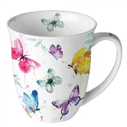 Tasse 10cm Porzellan mit Aquarell Schmetterlinge Motiv - 0,4L Keramiktasse Porzellangeschirr Kaffeetasse Teetasse Kakaotasse Porzellantasse Weiß Bunt