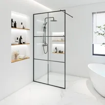 Home Deluxe - Duschabtrennung - BAKI - Breite: 160 cm, Schwarzer Rahmen, Klarglas, 6 Raster Optik - 10 mm ESG - Sicherheitsglas I Walk in Dusche, D... - Transparent