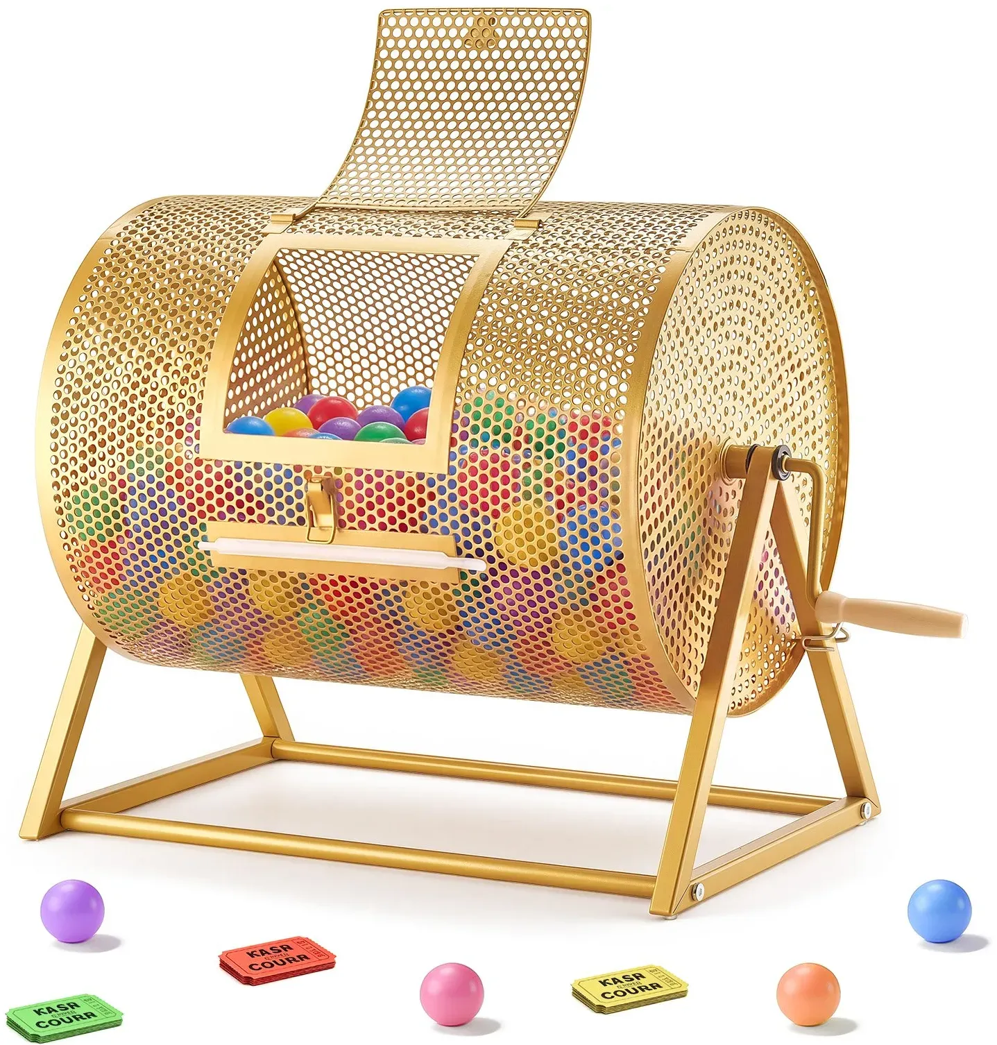 VEVOR Tombola Trommel, 410xØ302 mm, Lostrommel mit Fassungsvermögen von 5000 Lose oder 200 Lotteriebälle, Gewinnspieltrommel mit Kurbel & Dreiecksständer, für Veranstaltungen & Feiern, Gold