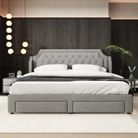 Flieks Polsterbett 180x200cm Doppelbett 2 Schubladen und Led, Stauraumbett Massivholzbett mit Lattenrost und Kopfteil, Funktionsbett Leinen, Grau - Grau