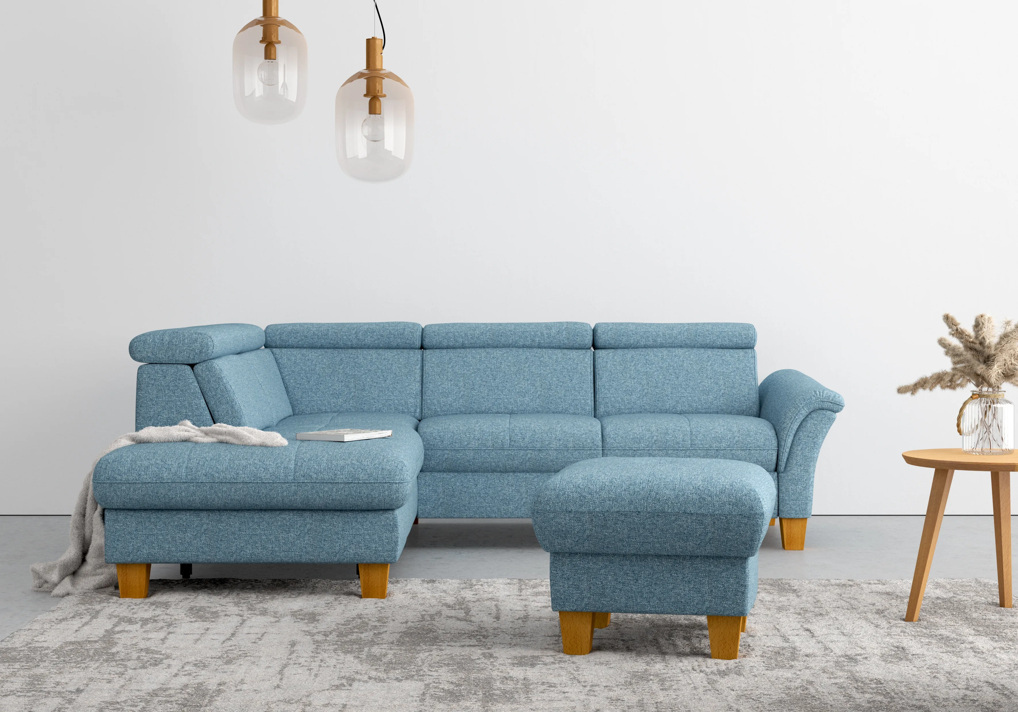 Ecksofa HOME AFFAIRE "Lindgren L-Form" Sofas Gr. B/H/T: 249cm x 84cm x 217cm, Struktur, Ottomane links, mit Bettfunktion mit einklappbaren Rollen-mit Stauraum-mit Kopfteilverstellung-ohne TV-Funktion motorisch ohne Stauraum-mit Federkern, blau (eisblau) wahlweise mit TV-Funktion, Stauraum und Kopfteilverstellung