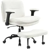 IWMH Bürostuhl mit Fußstütze (Ergonomisch Schreibtischstuhl mit klappbare Armlehnen), Höhenverstellbar ADHS Kniestuhl, Teddystoff Drehstuhl mit Rollen weiß