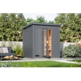 Woodfeeling Karibu Gartensauna Saunahaus Hytti 2 terragrau Energiesparende Saunatür 9 kW Ofen integr. Steuerung inkl. 8-teiligem gratis Zubehörpaket (Gesamtwert 191,92€)