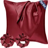 Seiwohl Kissenbezug Seide 80x80 2er Set,Satin Kissenbezug Weinrot Silk Pillowcase Satin Kopfkissenbezug Kissenhülle für Haar und Haut, Haarschonender Kissenbezug mit 2 Seide Haargummi