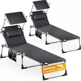 CASARIA® 2er Set Sonnenliege Klappbar Wetterfest Alu Gartenliege Mit Dach Kissen 180kg Belastbar 210x61cm Liegestuhl Leicht Relaxliege Pool Liege ... - Grau