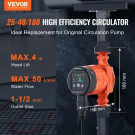 Vevor Heizungspumpe 4 m Förderhöhe, Umwälzpumpe, 220 V, 22 W, 50 L/min, hocheffiziente Umwälzpumpe, automatische Wasserumwälzpumpe, 1-1/2 Zoll NPT-Gewinde, EMC Pumpe für Warmwasserbereitersystem