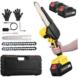 CkeyiN Akku-Kettensäge 6'' mini Kettensäge, 650W Bürstenlose Elektro-Kettensäge, 15 cm Schwertlänge, 6000 mAh Akku Säge mit 2 Ketten, 2 Akkus, für Astschere Holzschneidenz gelb