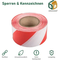 72 x Absperrband (75 mm x 500 m) rot/weiß sehr reißfest hohe Sichtbarkeit beidseitig geblockt Flatterband Warnband Baustellenabsperrung BB-Verpackunge