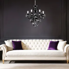 GLOBO Kronleuchter 5 Flammig schwarz Hängeleuchte Esstischlampe Esszimmer Hängelampe Kristalle, Kristallbehang, Chrom, 5x E14, DxH 44x128 cm