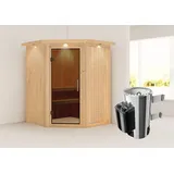 Karibu Nanja inkl. 3,6 kW Ofen + integrierte Steuerung + Dachkranz + graphit Ganzglastür