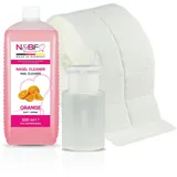 NAILS FACTORY | N&BF Nagel Cleaner Set mit Duft 500ml + Dispenser Pumpflasche Weiss 150ml + 1000 Zelletten Cellulose Pads (2 Rollen à 500 Stück) - 70% Isopropanol-Alkohol – für Gelnägel – (Orange)