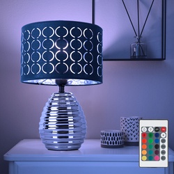 Tischlampe silber Schirm grau Nachttischlampen Schirmlampe, Fernbedienung dimmbar Memoryfunktion, Keramik, Samtschirm, RGB LED 8,5W 806Lm warmweiß, DxH 25x38 cm