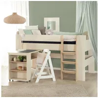 roba® Hochbett Flexi Grow 90 x 200 cm aus Holz - moderne Scandi Optik (Made in Europa - Blauer Engel - mit Stauraum & Sicherheitsgeländer) halbhohes Hochbett mit ausziehbarem Schreibtisch - Beige / Cashmere beige