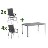 KETTLER Cubic/ Basic Plus Padded Garten-Essgruppe, silber/anthrazit, Alu/Textilene, Tisch 160x90 cm, 4 Stapelsessel, 2 Klappstühle, gepolstert