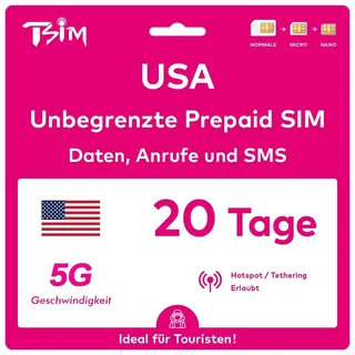 USA SIM-Karte 20 Tage. T-Mobile-Netz mit unbegrenztem Highspeed-Datenvolumen in 5G/4G/LTE | Unbegrenzte Anrufe und SMS innerhalb der USA (einschließlich Hawaii). 5G SIM-Karte!