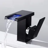 Sjqka - Waschbecken-Wasserhahn mit Wasserfall-LED-Licht, Kalt- und Warmwasserhahn (schwarz, mit 60 cm Anschlussschlauch x 2)