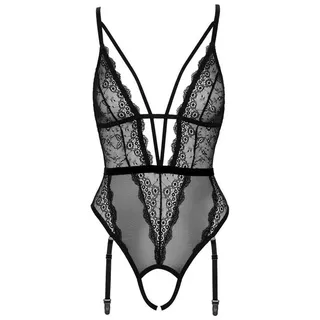 Cottelli Collection Body Spitzen-Body transparent mit Perlen im Schritt - schwarz (1-tlg) Extra tiefes Stretchband-Dekolleté schwarz L