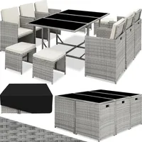 tectake® Outdoor Balkon Gartenmöbel Set, Lounge mit 6 Stühlen, 4 Hocker, 1 Tisch und Schutzhülle, Poly Rattan Geflecht, wetterfest, platzsparend - hellgrau