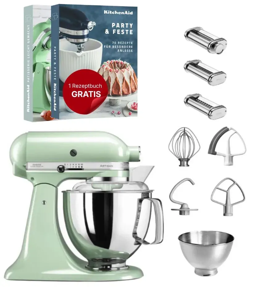 KitchenAid 4,8 L 5KSM175 Artisan Küchenmaschine Pastalover mit Nudelwalzen 3er- Set - Pistazie