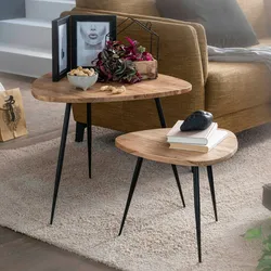 KADIMA DESIGN 2er Set Satztisch Akazie Massivholz / Metall Couchtisch Klein, Design Beistelltisch Set Zwei Holz-Tische, Wohnzimmertisch Tisch