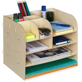 Relaxdays Schreibtisch Organizer mit Dokumentenablage, 10 Fächer, HBT: 27,5 x 32,5 x 25 cm, Büroorganizer MDF, hellbraun