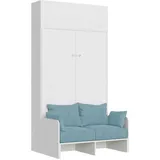 Kentaro 120 cm Klappbett in Queensize-Größe mit Sofa und Schrankwand aus weißer Esche, hellblau