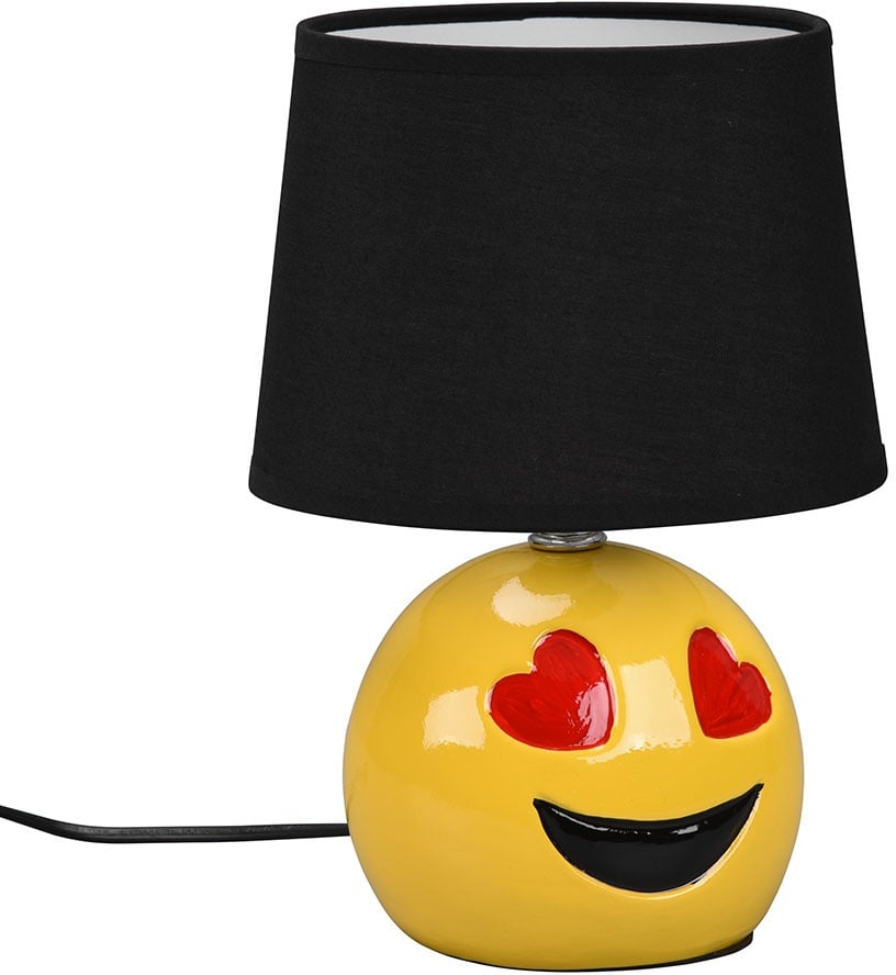 Nachttischlampe Keramik Tischlampe für Schlafzimmer Wohnzimmerlampe Tischlampe Modern, Emoji mit Herzaugen gelb, Textil schwarz, E14 Fassung, DxH 18x26 cm